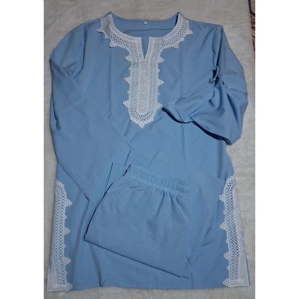 Moroccan Style 2 piece slack/longsleeve shirt set sz small top/slacks light blue